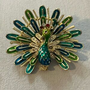 Vintage signed Coro peacock pin cloisonné and rhinestones gold tone pin brooch